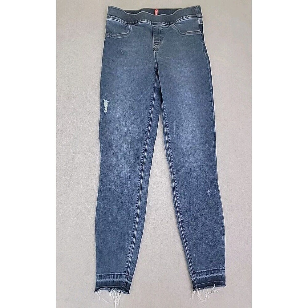 Spanx‎ Jean-ish Ankle Leggings Women M Blue Distressed Raw Hem Skinny Pull On